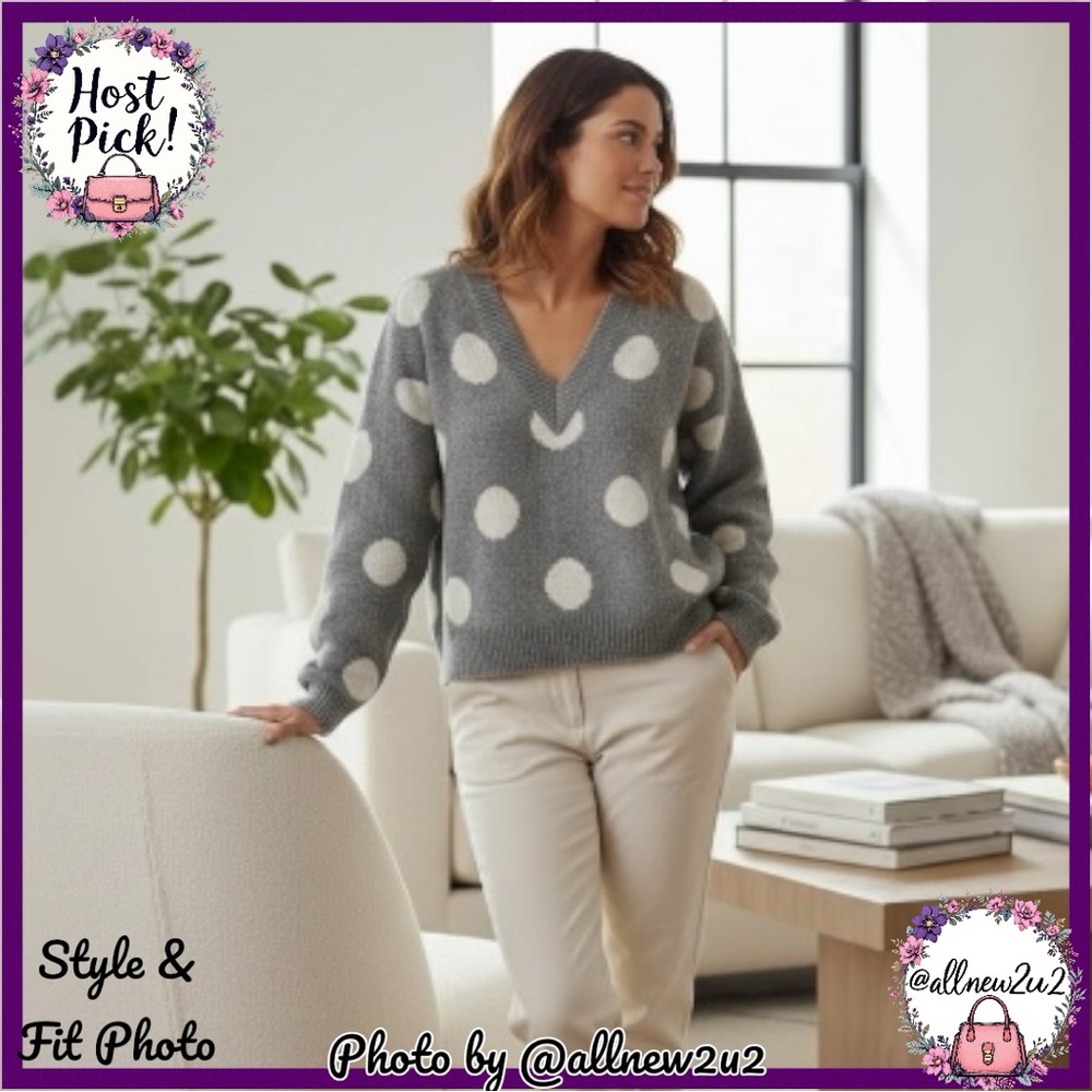 New Neely by POL V-Neck Gray and Cream Polka Dot Sweater